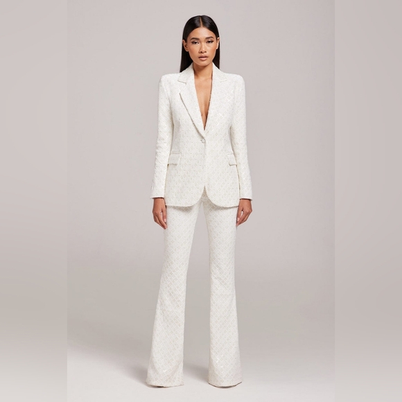 NADINE MERABI MEGHAN White Beige Flare Embroidered Sequin Velvet Trousers Pants - Picture 4 of 16